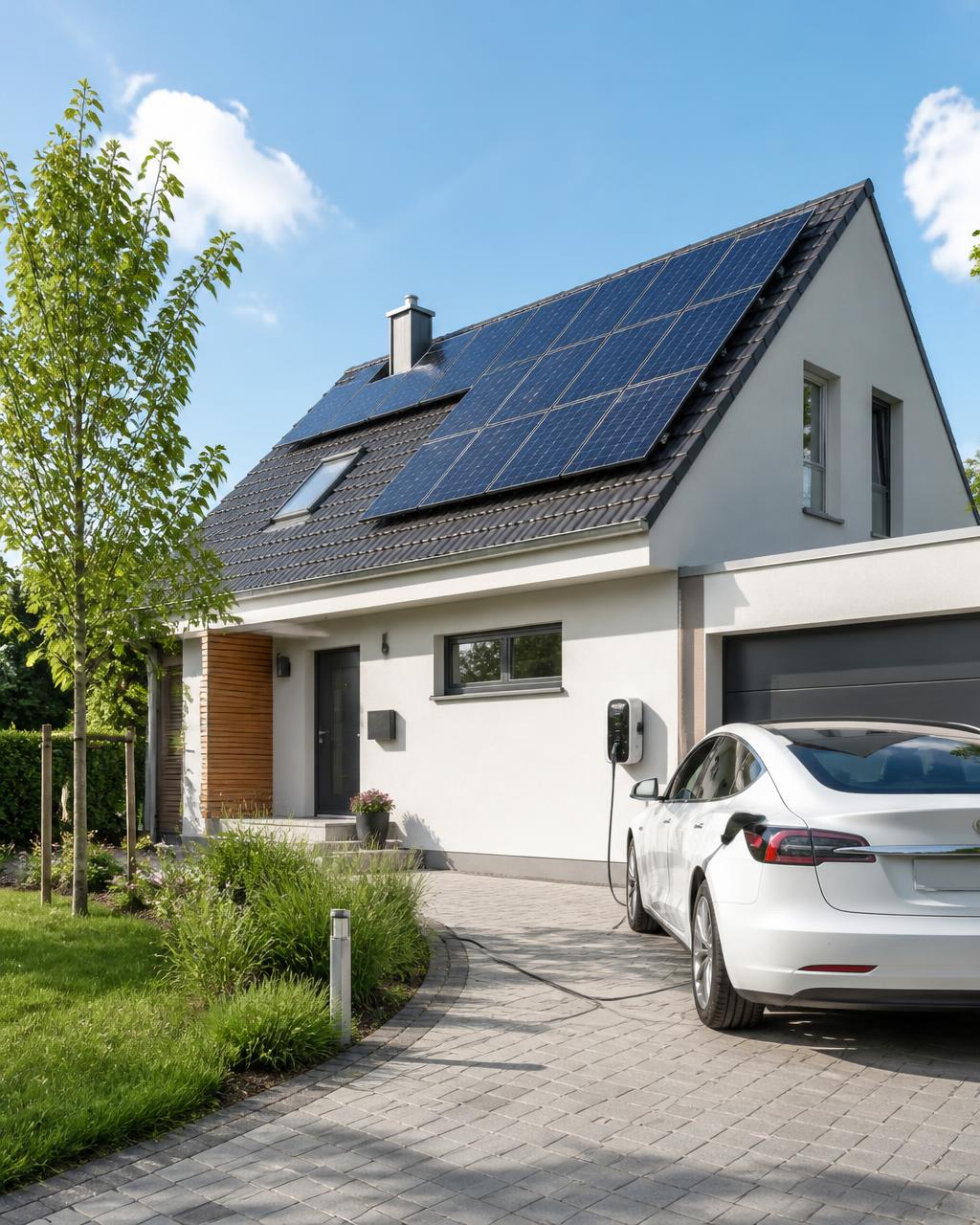 Sonniges Wohnhaus mit Photovoltaik am Dach und Elektroauto, das an der Wallbox lädt