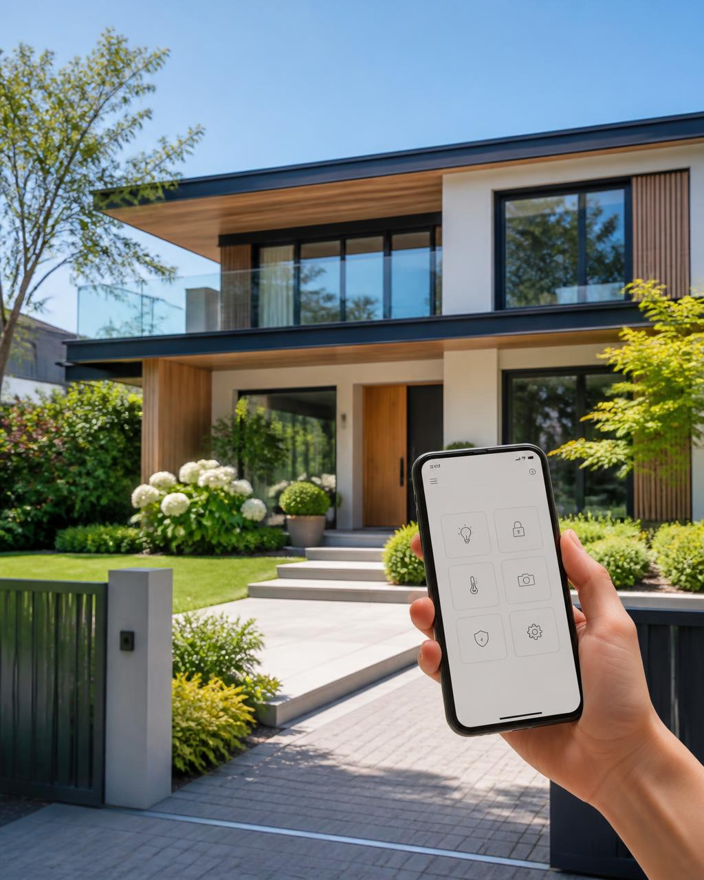Modernes Einfamilienhaus bei Tageslicht, im Vordergrund ein Smartphone mit Haussteuerung